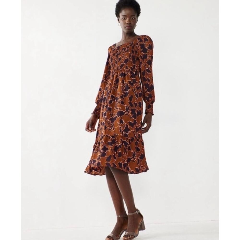 Nine West Square Neck Smocked Brown Leopard Print Midi Dress Size XL